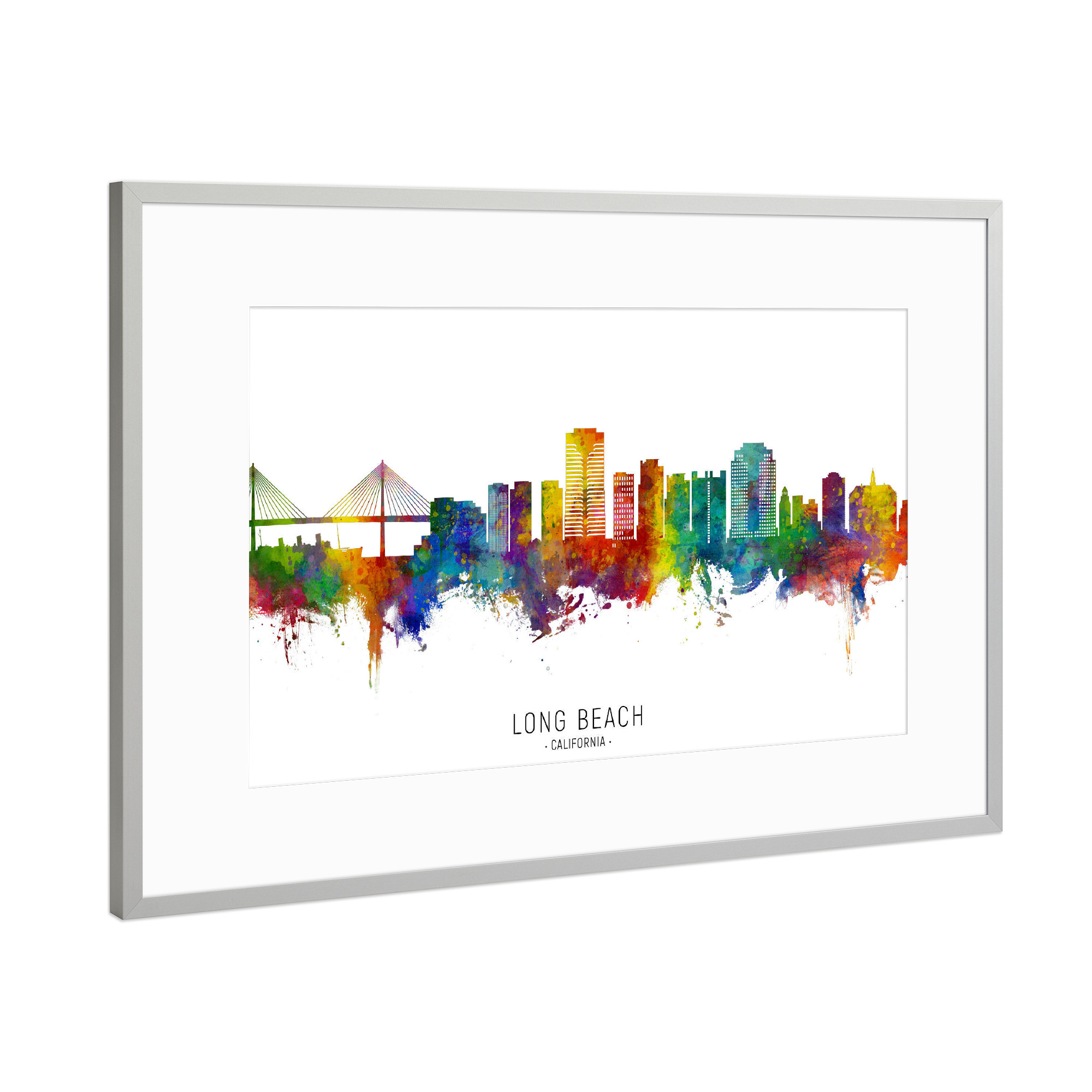 Poster mit Rahmen Silber "Long Beach California Skyline txt" artboxONE - Städte