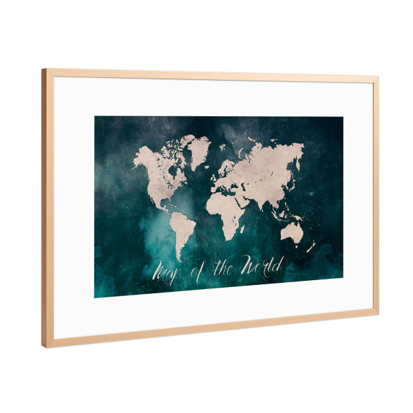Poster mit Rahmen Kupfer "World map blue green grey" artboxONE - Reise,Kartografie