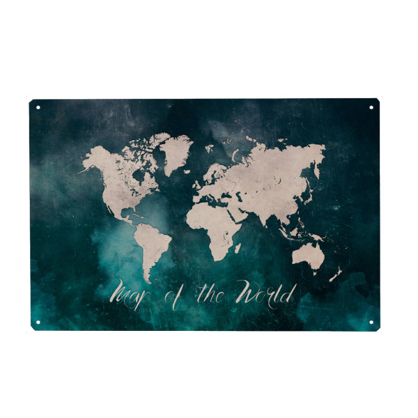 Metall Poster "World map blue green grey" artboxONE - Reise,Kartografie