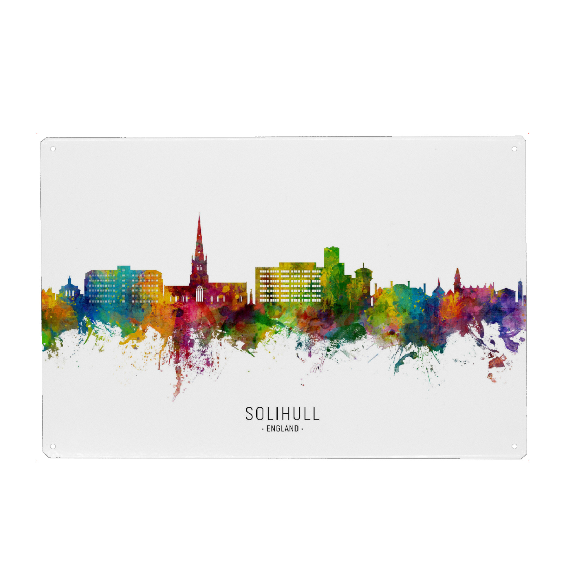 Holzbild "Solihull England Skyline txt" artboxONE - Städte - Solihull,England,Skyline,Cityscape,Stadtbild,Watercolor,City,Stadt,Colorful,Bunt
