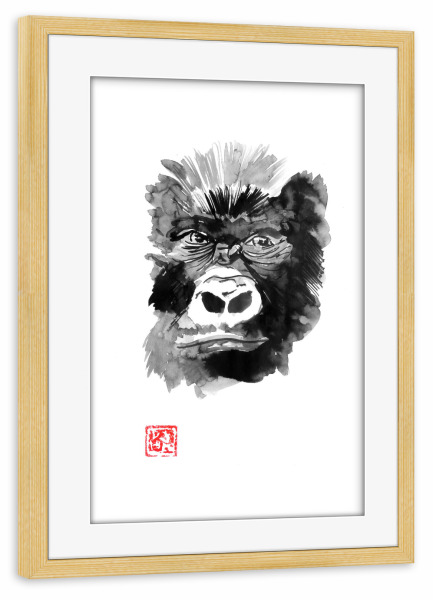 Poster mit Rahmen kiefer "Gorilla face new" artboxONE - Tiere,Schwarzweiß - Gorilla,Sumie,Japan,Animal,Tier,Schwarzweiß,Blackandwhite,Portrait,Monkey
