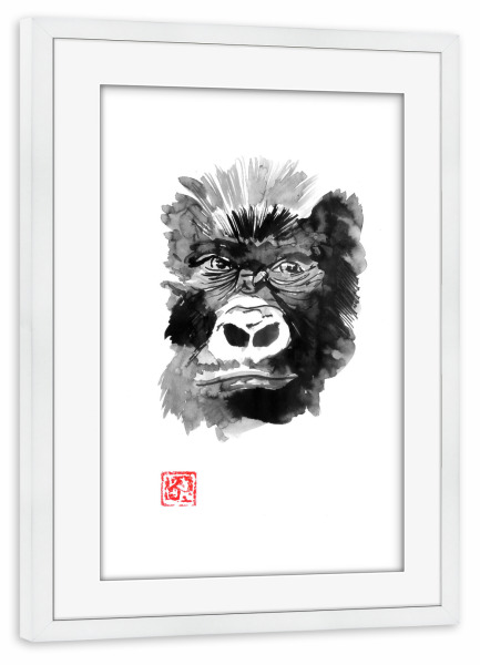 Poster mit Rahmen weiß "Gorilla face new" artboxONE - Tiere,Schwarzweiß - Gorilla,Sumie,Japan,Animal,Tier,Schwarzweiß,Blackandwhite,Portrait,Monkey