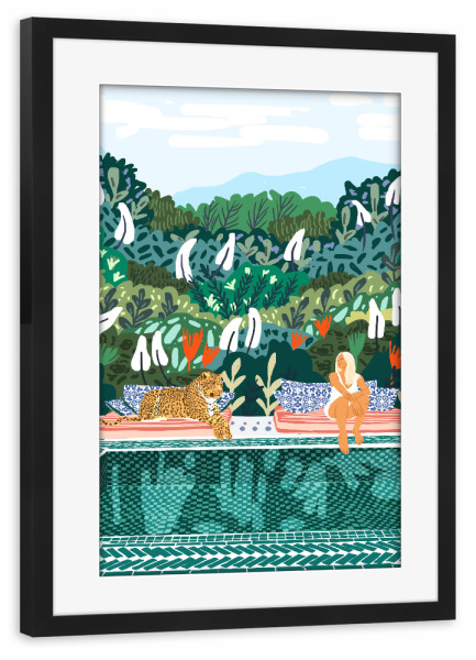 Poster mit Rahmen schwarz "Chilling by the pool with my" artboxONE - Tiere,Menschen