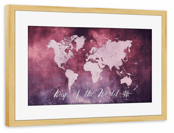 Poster mit Rahmen kiefer "Map of the world purple red" artboxONE - Reise,Kartografie