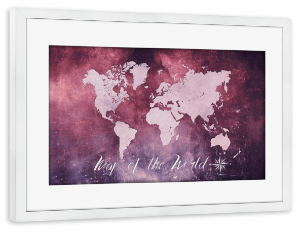 Poster mit Rahmen weiß "Map of the world purple red" artboxONE - Reise,Kartografie