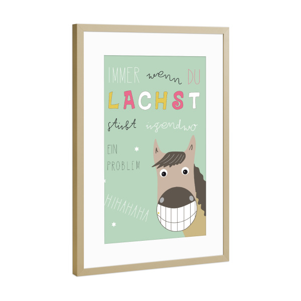 Poster mit Rahmen Gold "Lachendes Pferd mit Lebensweisheit" artboxONE - Für Kinder,Tiere