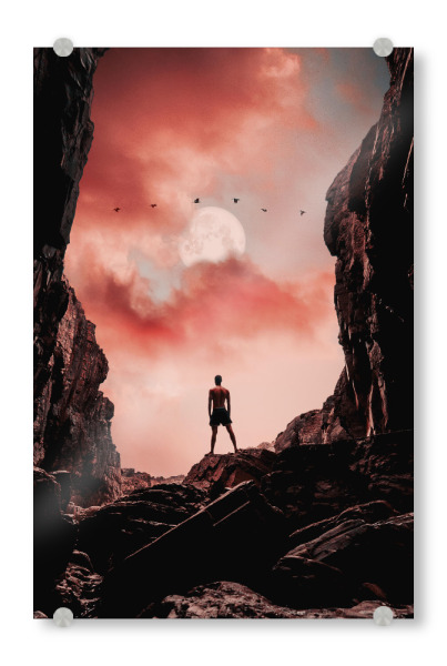 Acrylglasbild "Looking For A New Future" artboxONE - Abstrakt,Für Papa,Männer - Cave,Dark,Red,Clouds,Moon,Birds,Animals,Man,Collage,Surrealism,Wolken