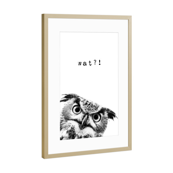 Poster mit Rahmen Gold "Wat - Eule" artboxONE - Typografie,Natur,Tiere,Lustig