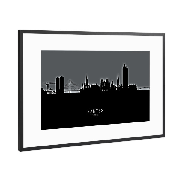 Poster mit Rahmen Schwarz (Metallic) "Nantes France Skyline Glow White" artboxONE - Städte