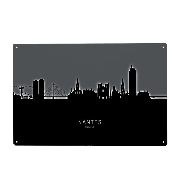 Holzbild "Nantes France Skyline Glow White" artboxONE - Städte - Nantes,France,Skyline,Cityscape,Stadtbild,Watercolor,City,Stadt,Frankreich