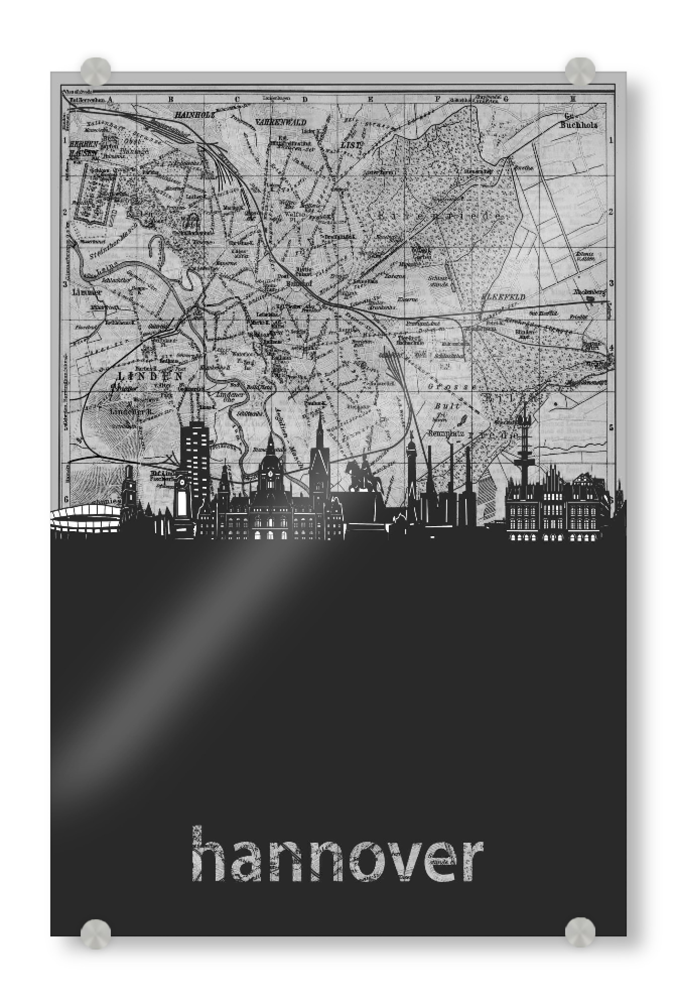 Acrylglasbild "Hannover skyline map grey" artboxONE - Städte,Reise,Architektur,Kartografie