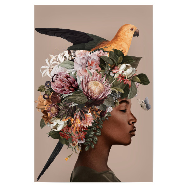 Poster 30x20 cm "Floral Woman Yellow Birds" artboxONE - Natur,Floral,Menschen