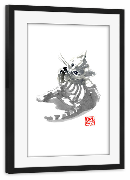 Poster mit Rahmen schwarz "Washing cat clean" artboxONE - Tiere - Cat,Neko,Sumie,Japan,Katze,Animal,Tier,Lustig,Süß,Cute