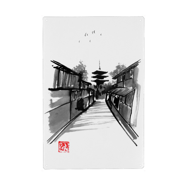 Metall Poster "Pagoda street" artboxONE - Natur - Pagoda,Sumie,Japan,Temple,Schwarzweiß,Blackandwhite,Weg,Nature,Natur,Malerei,Turm,Gebäude,Building