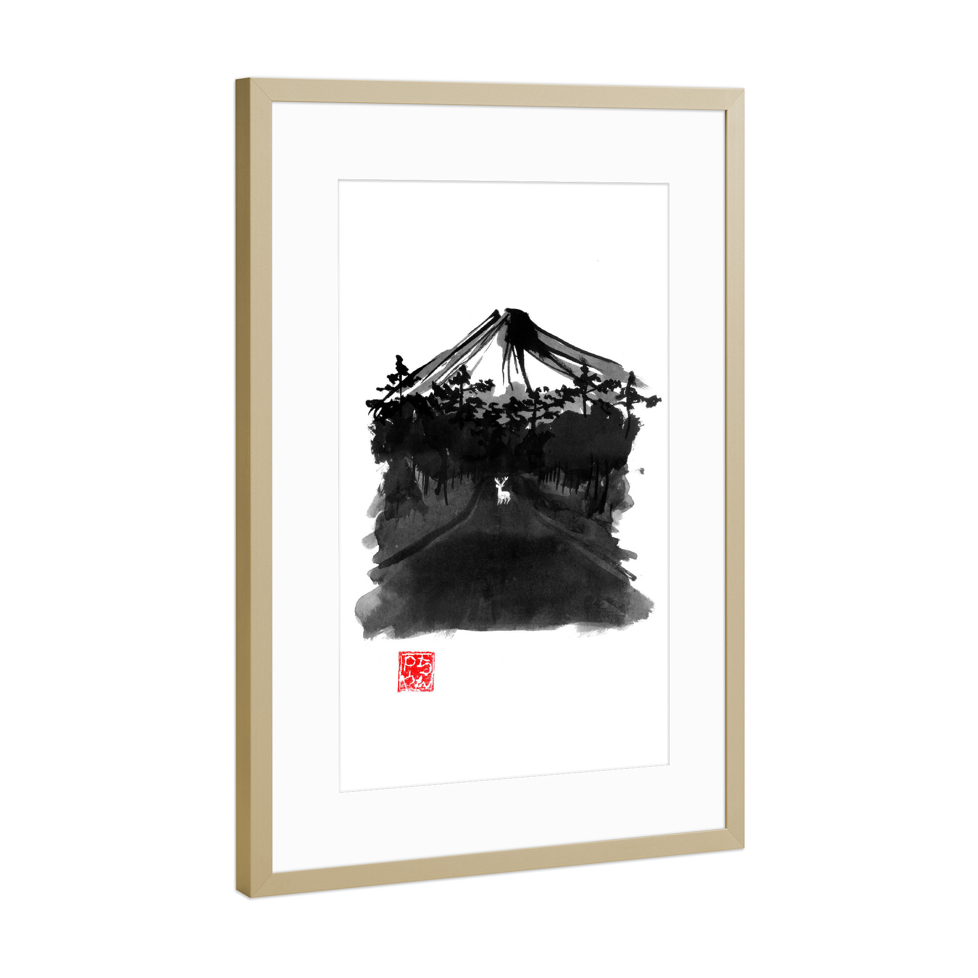 Poster mit Rahmen Gold "Deer in the middle of the road" artboxONE - Natur,Tiere