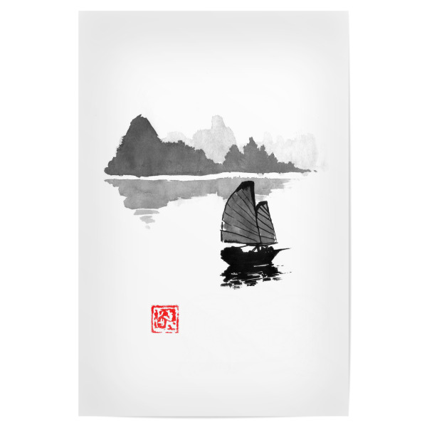 Poster "Boat on a river" artboxONE - Natur - Boat,River,Japan,China,Vietnam,Sumie,Schwarzweiß,Blackandwhite,Malerei,Fluss,Natur,Nature,Boot