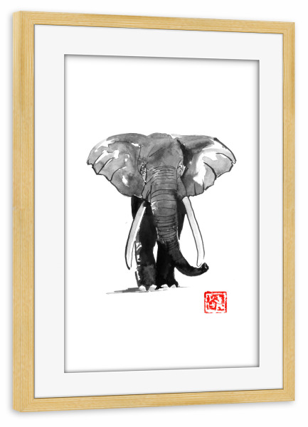 Poster mit Rahmen kiefer "Elpehant walking" artboxONE - Tiere - Elephant,Sumie,Japan,Elefant,Tier,Animal,Natur,Nature,Wild,Schwarzweiß,Blackandwhite