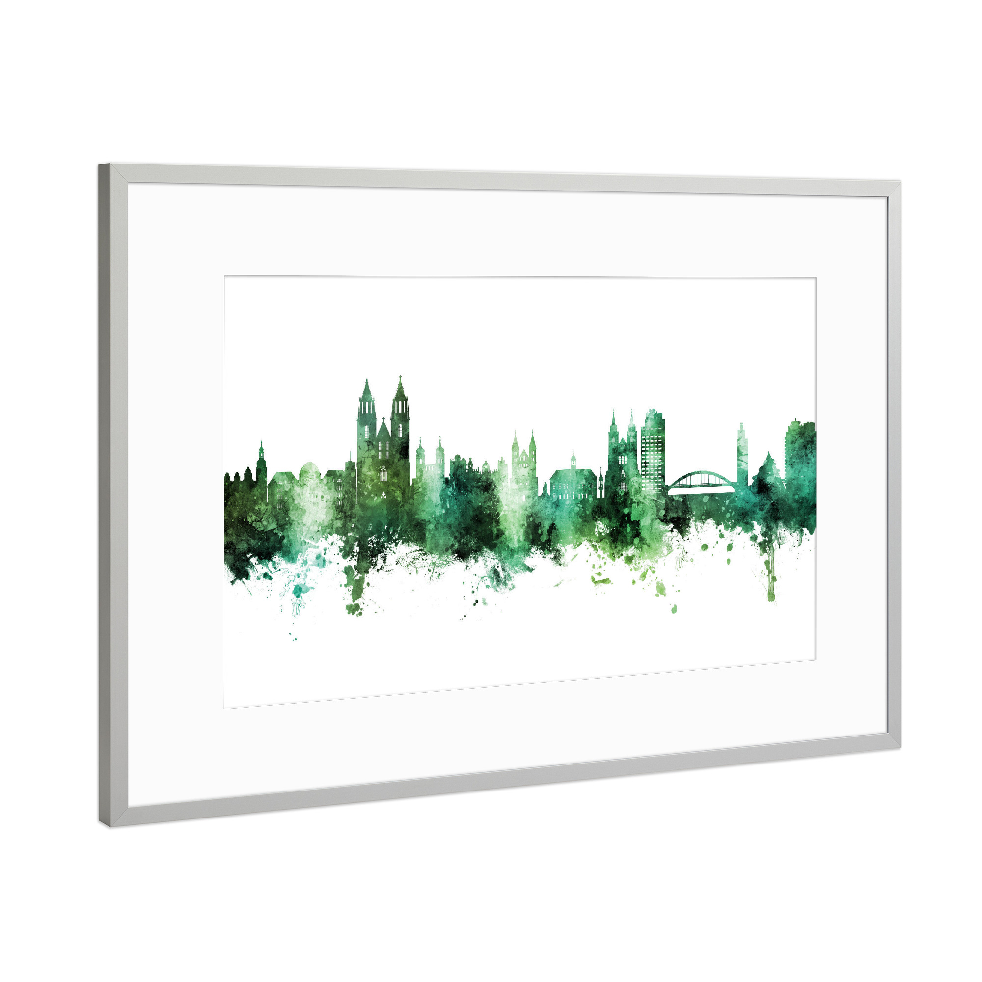 Poster mit Rahmen Silber "Magdeburg Germany Skyline Green" artboxONE - Städte