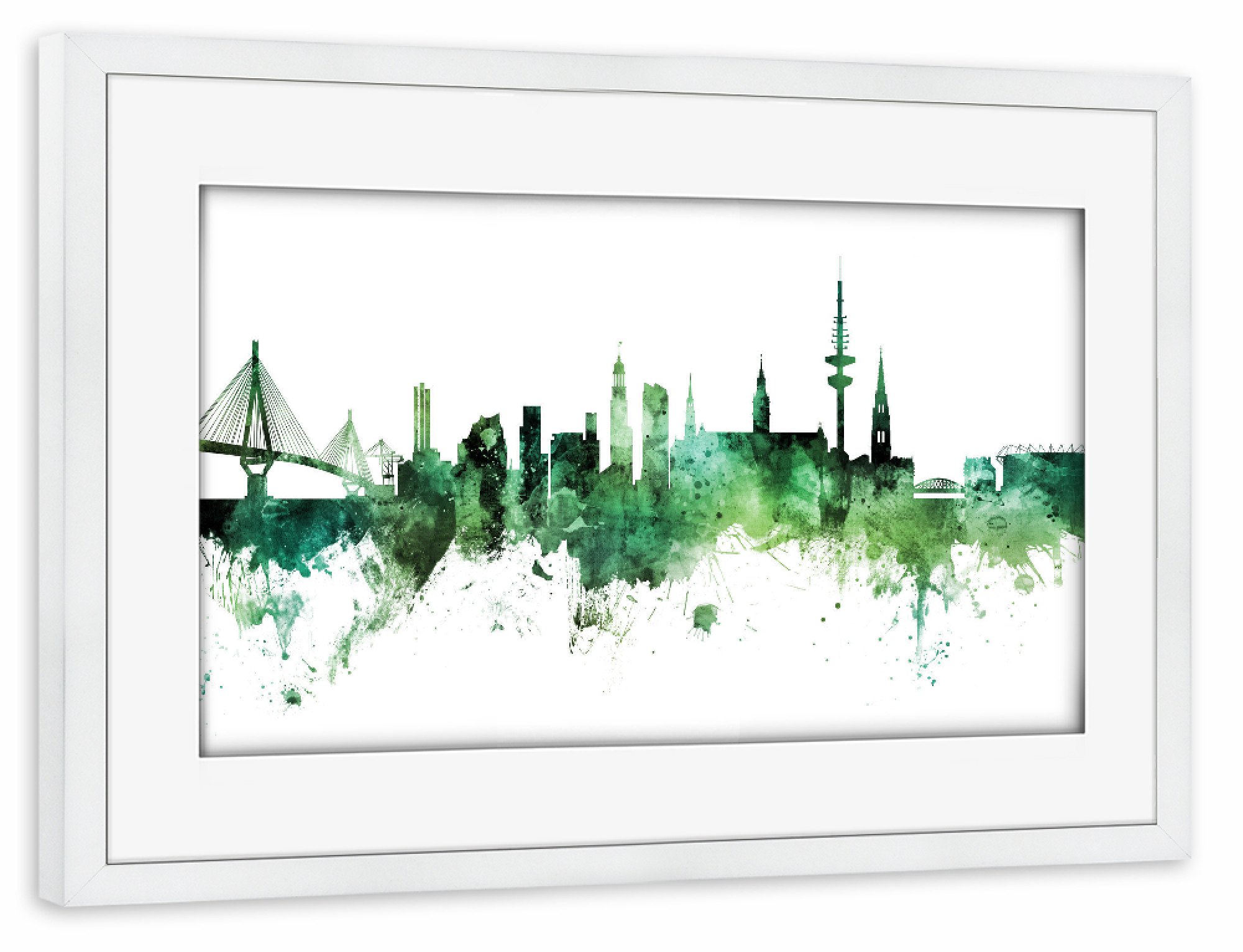 Poster mit Rahmen weiß "Hamburg Germany Skyline Green" artboxONE - Städte,Städte / Hamburg