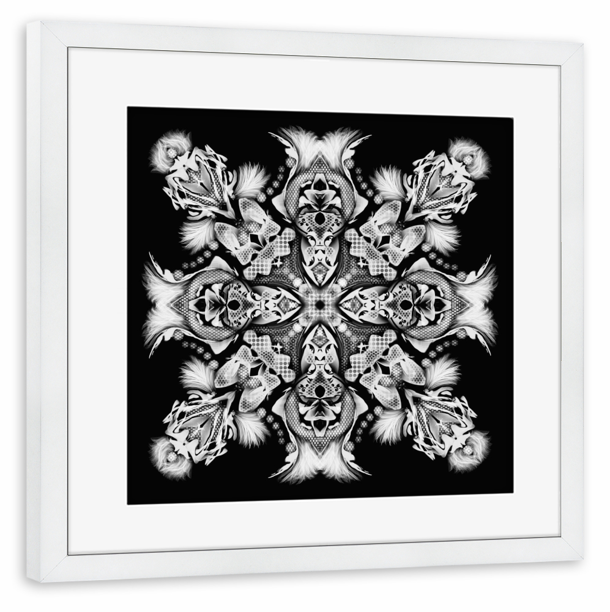 Poster mit Rahmen weiß "Mandala, Feder-Traum schwarz-weiss" artboxONE - Floral,Abstrakt,Schwarzweiß,Fashion