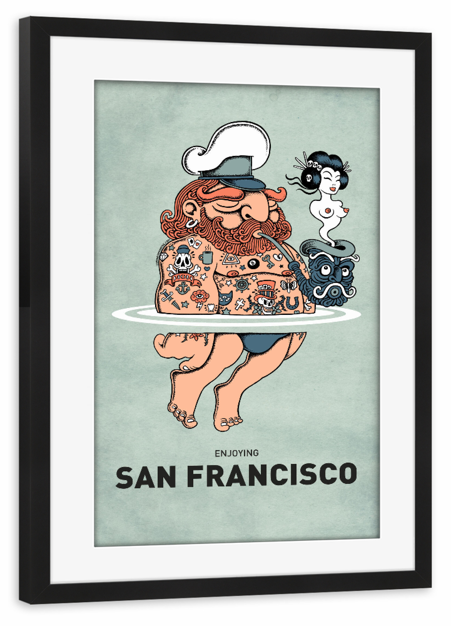 Poster mit Rahmen schwarz "San Francisco Summer Sailor" artboxONE - Reise,Streetart,Städte / San Francisco,Lustig