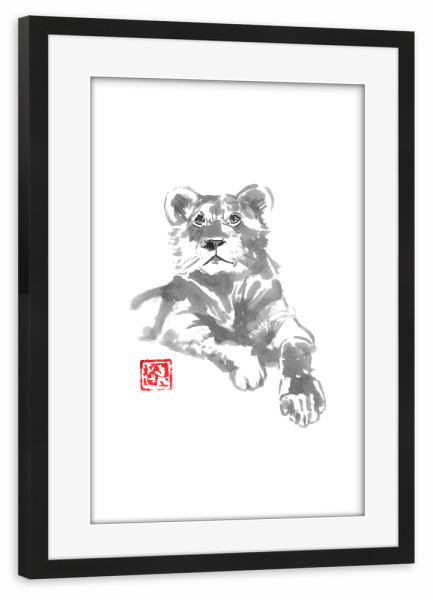 Poster mit Rahmen schwarz "Lionne" artboxONE - Tiere - Lion,Sumie,Female,Japan,Löwe,Tier,Wild,Animal,Malerei