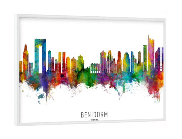Poster mit weißem Rahmen "Benidorm Spain Skyline txt" artboxONE - Städte