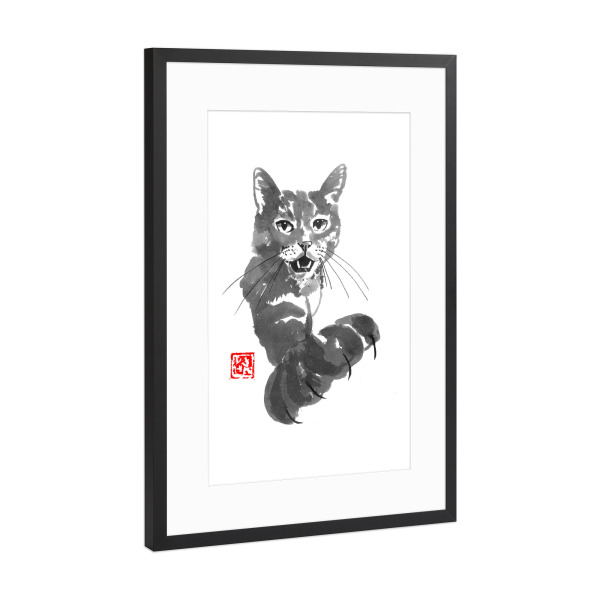 Poster mit Rahmen Schwarz (Metallic) "DEMANDING CAT" artboxONE - Tiere - Cat,Neko,Sumie,Japan,Katze,Tier,Animal,Schwarzweiß,Blackandwhite
