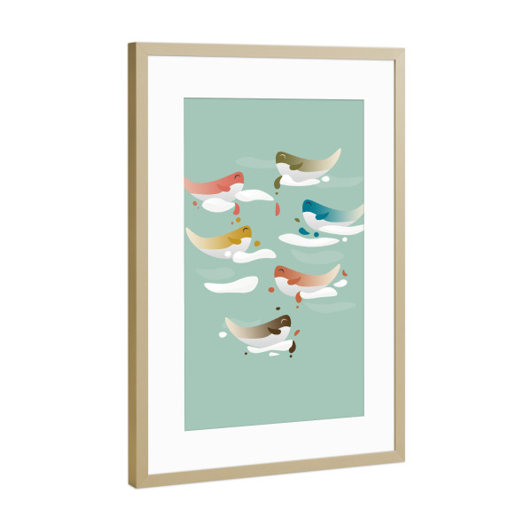 Poster mit Rahmen Gold "Whales into the sky" artboxONE - Für Kinder,Tiere