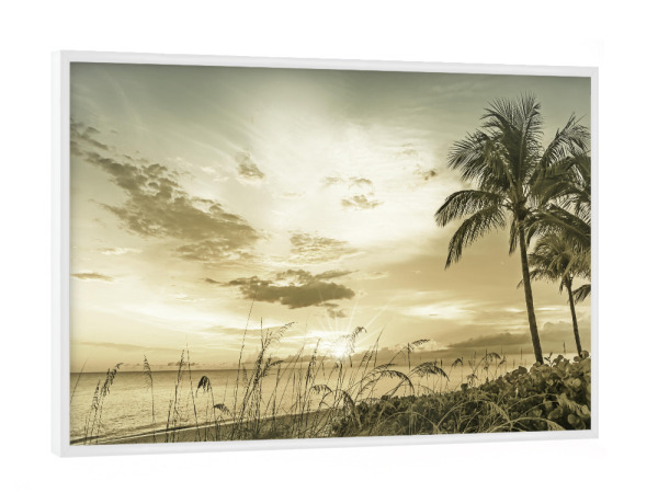 Poster mit weißem Rahmen "Vintage Sonnenuntergang mit Palmen" artboxONE - Natur,Reise,Reise / Strand und Meer