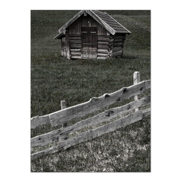 Puzzle Ravensburger "Hütte mit Zaun" artboxONE - Natur - Zaun,Hütte,Mittenwald,Vintage,Natur,Nature,Landschaft,Landscape,Dark,Haus,House - Bild zaun
