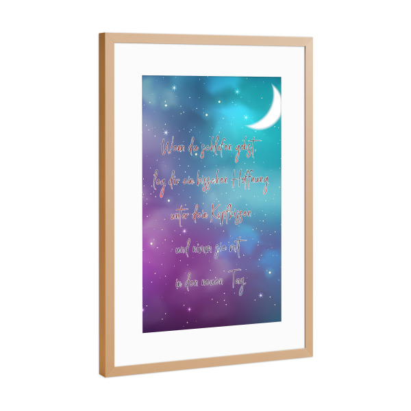 Poster mit Rahmen Kupfer "Neuer Tag" artboxONE - Typografie - Schlafen,Hoffnung,Kissen,Kopf,Tag,Neu,Leben,Spruch,Typo,Typografie,Text,Nacht,Mond