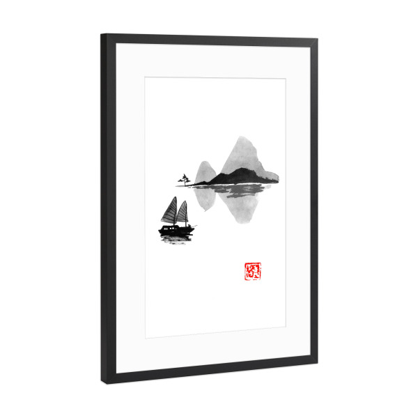 Poster mit Rahmen Schwarz (Metallic) "Boat close to the island" artboxONE - Natur