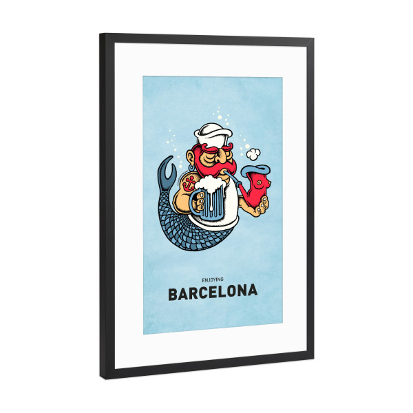Poster mit Rahmen Schwarz (Metallic) "Barcelona Sailor Mermaid" artboxONE - Städte,Reise,Streetart,Städte / Barcelona,Lustig