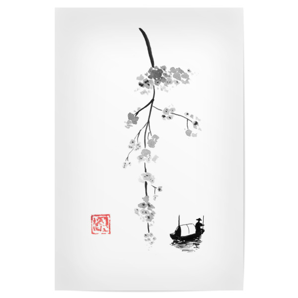 Poster "Branch on the river li" artboxONE - Natur - Branch,Tree,Cerise,River,Boat,Fisherman,Sumie,Japan,Boot,Fluss,Fischer,Schwarzweiß,Blackandwhite
