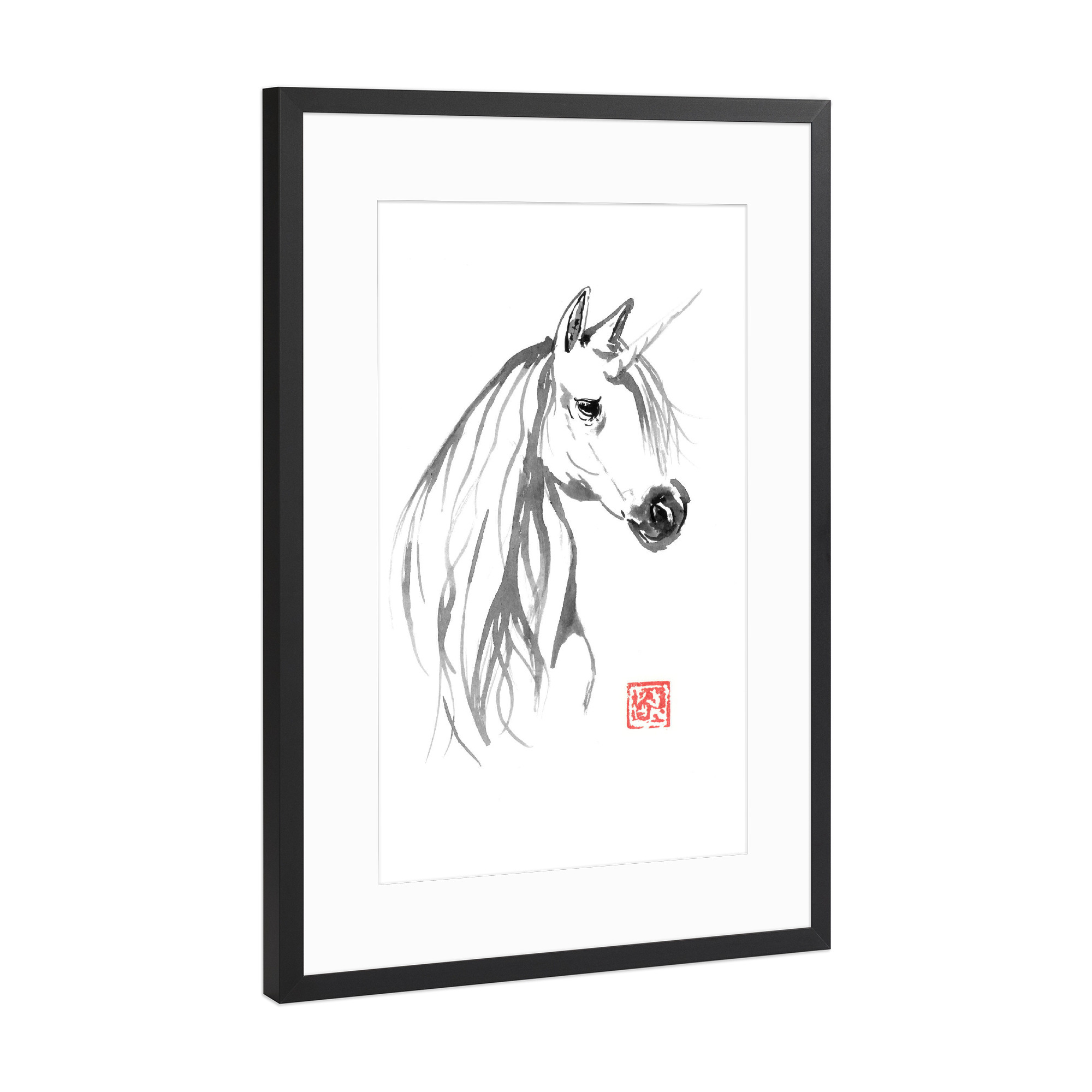 Poster mit Rahmen Schwarz (Metallic) "Unicorn licorne" artboxONE - Tiere - Unicorn,Horse,Animal,Sumie,Pferd,Einhorn,Mystisch,Malerei,Japan