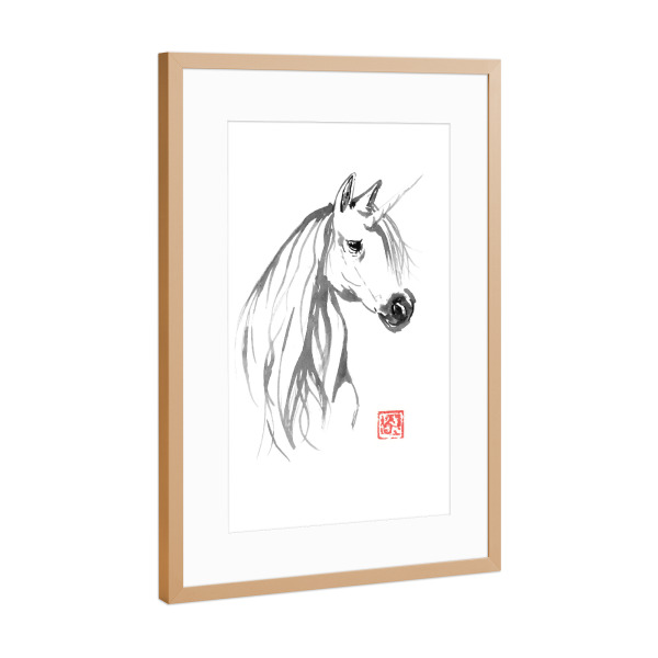 Poster mit Rahmen Kupfer "Unicorn licorne" artboxONE - Tiere - Unicorn,Horse,Animal,Sumie,Pferd,Einhorn,Mystisch,Malerei,Japan