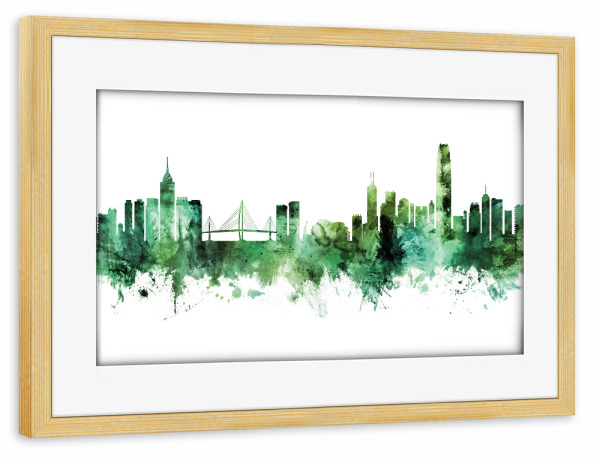 Poster mit Rahmen kiefer "Hong Kong Skyline Green" artboxONE - Städte