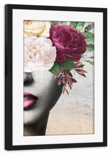 Poster mit Rahmen schwarz "Pink Lipstick Girl" artboxONE - Floral,Menschen - Flower,Woman,Floral,Texture,Collage,Female,Frau,Blumen,Flowers