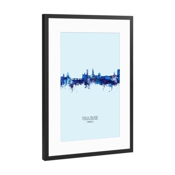 Poster mit Rahmen Schwarz (Metallic) "Toulouse France Skyline Dark Blue" artboxONE - Städte