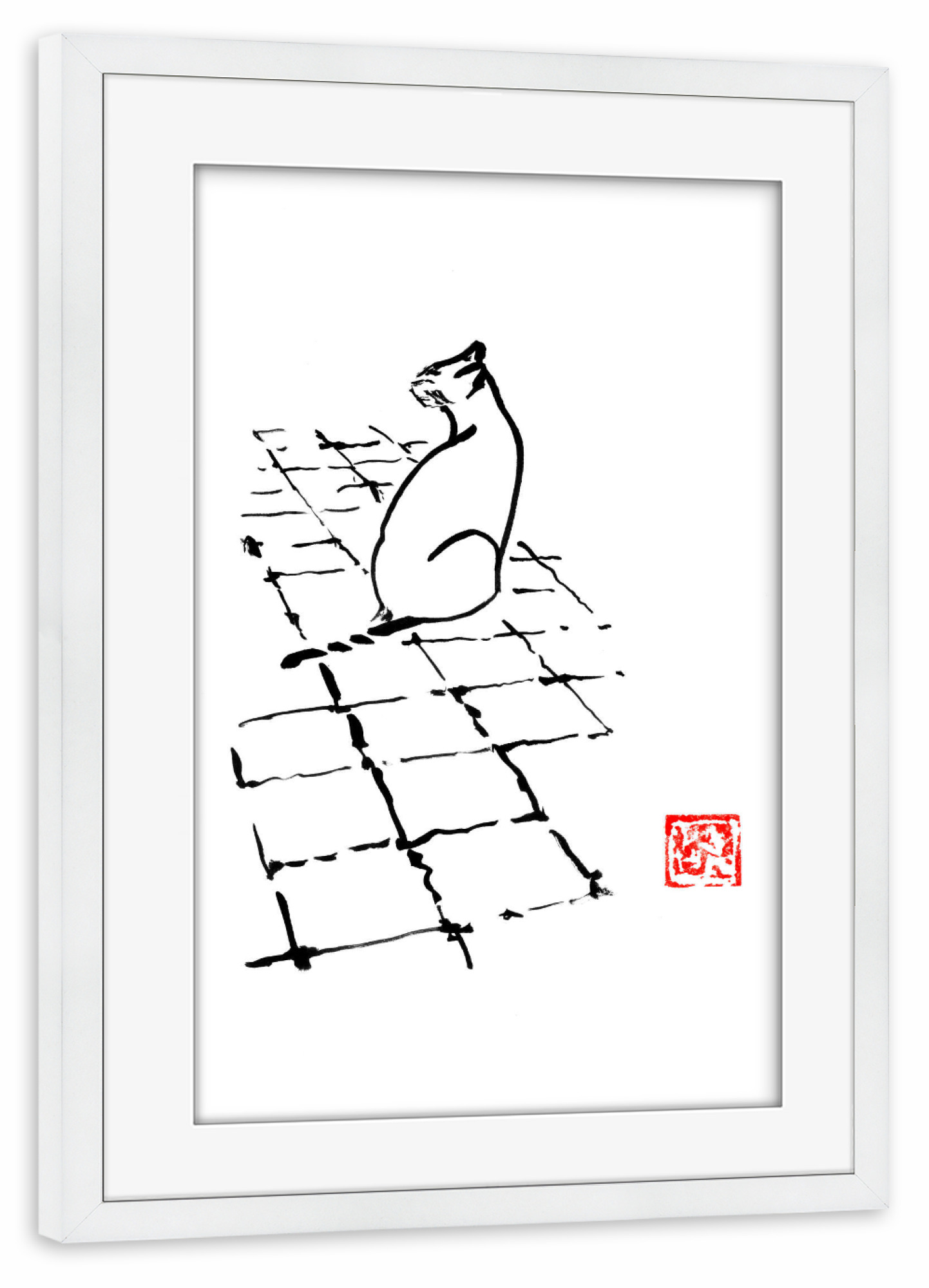 Poster mit Rahmen weiß "Cat on terrace" artboxONE - Tiere - Cat,Neko,Sumie,Japan,Katze,Tier,Animal,Minimal,Schwarzweiß,Blackandwhite