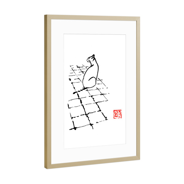 Poster mit Rahmen Gold "Cat on terrace" artboxONE - Tiere - Cat,Neko,Sumie,Japan,Katze,Tier,Animal,Minimal,Schwarzweiß,Blackandwhite
