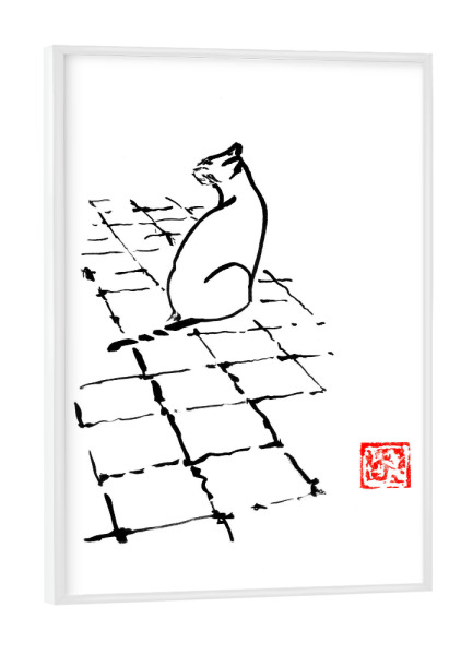 Poster mit weißem Rahmen "Cat on terrace" artboxONE - Tiere - Cat,Neko,Sumie,Japan,Katze,Tier,Animal,Minimal,Schwarzweiß,Blackandwhite