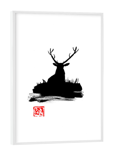 Poster mit weißem Rahmen "Deer at night" artboxONE - Tiere - Deer,Forest,Sumie,Japan,Hirsch,Rentier,Animal,Tier,Schwarzweiß,Blackandwhite