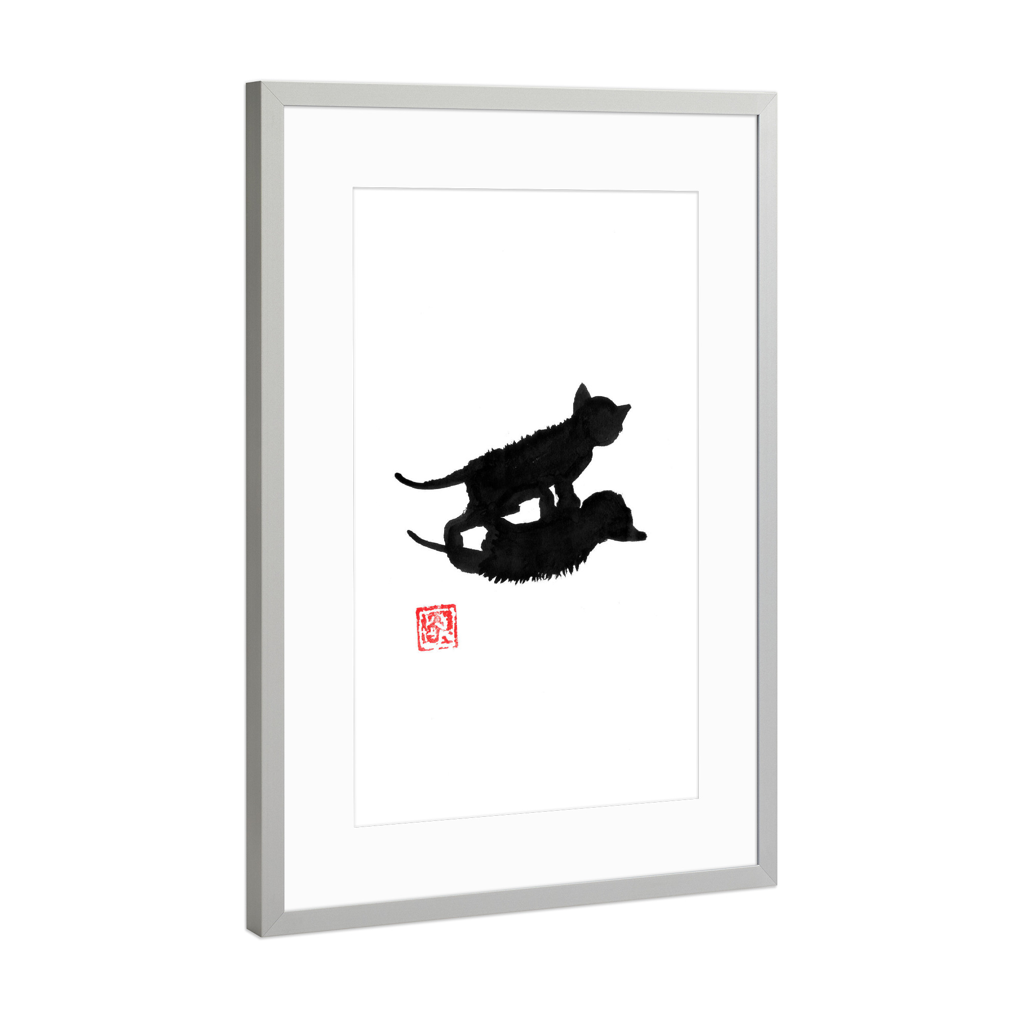 Poster mit Rahmen Silber "Cat shadow" artboxONE - Tiere - Cat,Neko,Sumie,Japan,Katze,Schwarzweiß,Blackandwhite,Tier,Animal,Minimal,Minimalistisch
