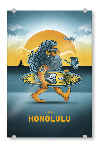 Acrylglasbild "Honolulu Surfer" artboxONE - Städte,Reise,Streetart,Lustig - Surfer,Honolulu,Colorful,Bunt,Hawaii,City,Stadt,Lustig,Funny