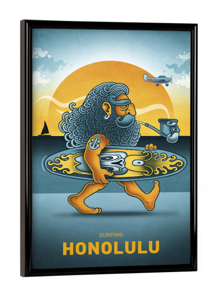 Poster mit schwarzem Rahmen "Honolulu Surfer" artboxONE - Städte,Reise,Streetart,Lustig