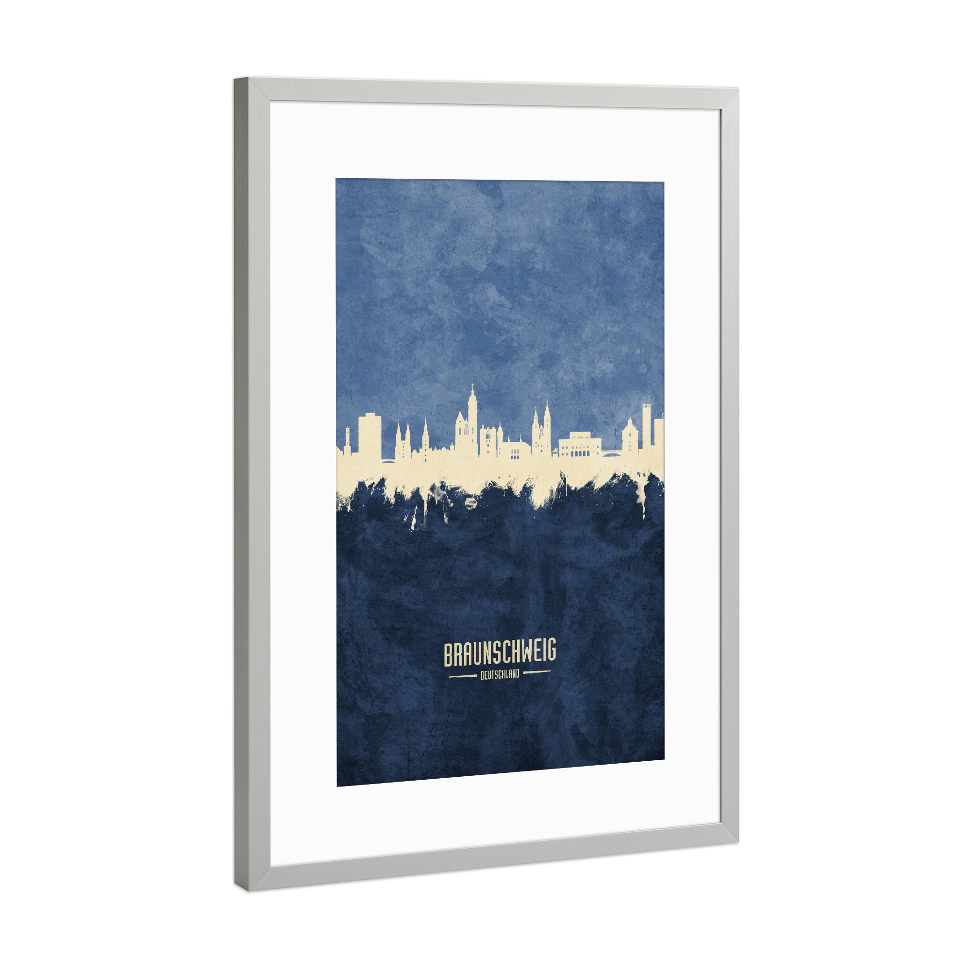 Poster mit Rahmen Silber "Braunschweig Germany Skyline Navy" artboxONE - Städte