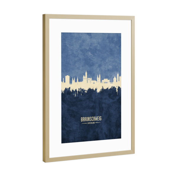 Poster mit Rahmen Gold "Braunschweig Germany Skyline Navy" artboxONE - Städte