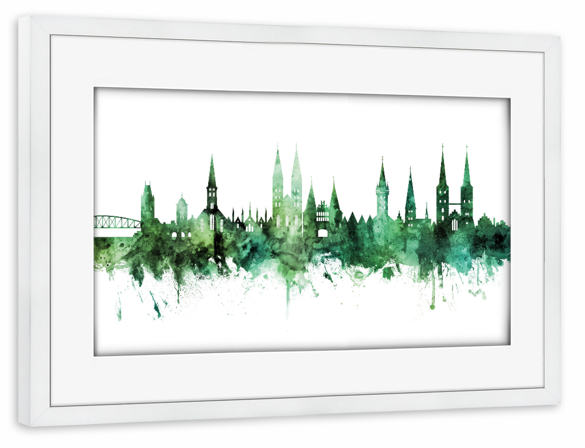 Poster mit Rahmen weiß "Lubeck Germany Skyline Green" artboxONE - Städte